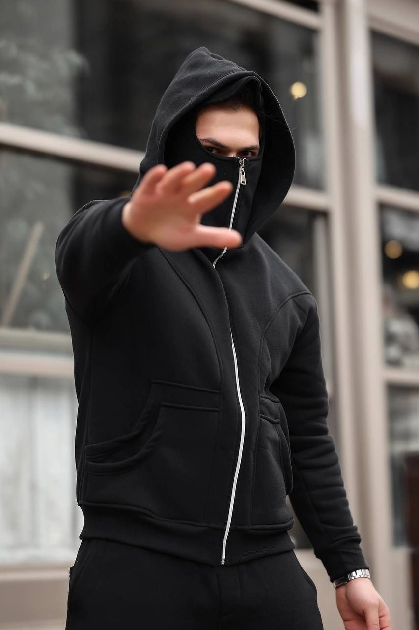 Erkek Maskeli Ninja Model Çift Kapüşonlu 3 İplik Şardonlu Fermuarlı Sweatshirt - Siyah