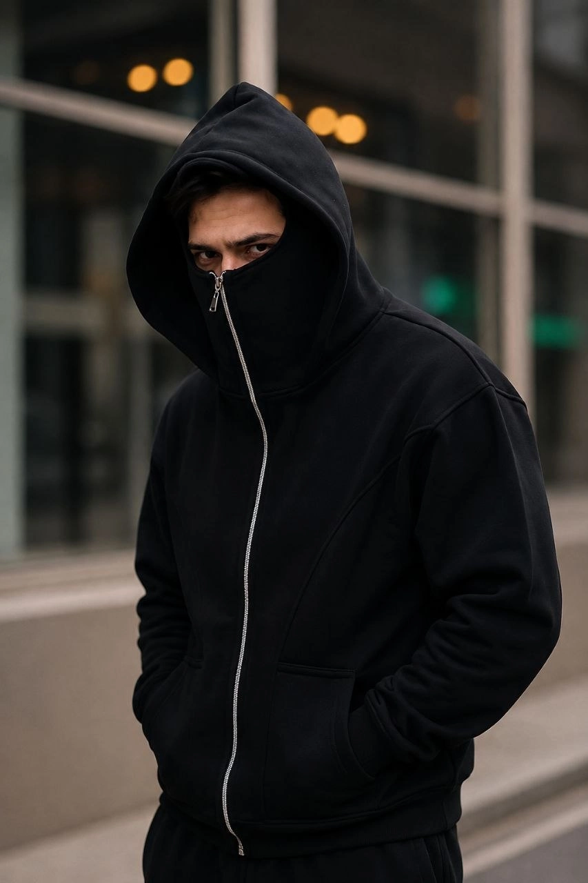 Erkek Maskeli Ninja Model Çift Kapüşonlu 3 İplik Şardonlu Fermuarlı Sweatshirt - Siyah