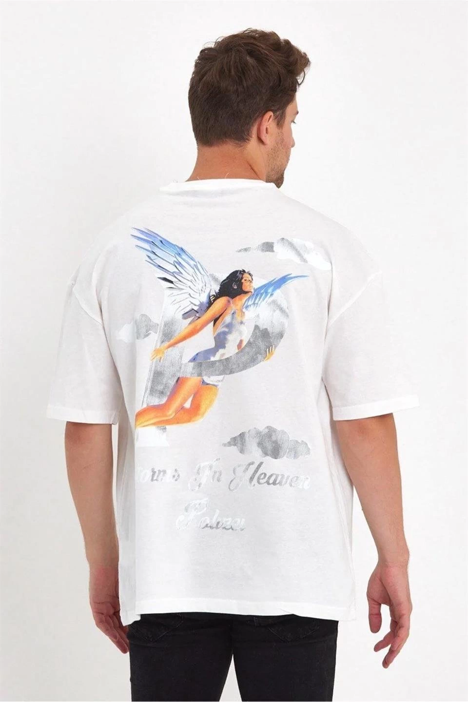 Erkek Melek Baskılı T-Shirt Kısa Kol Bisiklet Yaka Regular Fit Rahat Kalıp Tişört - Beyaz