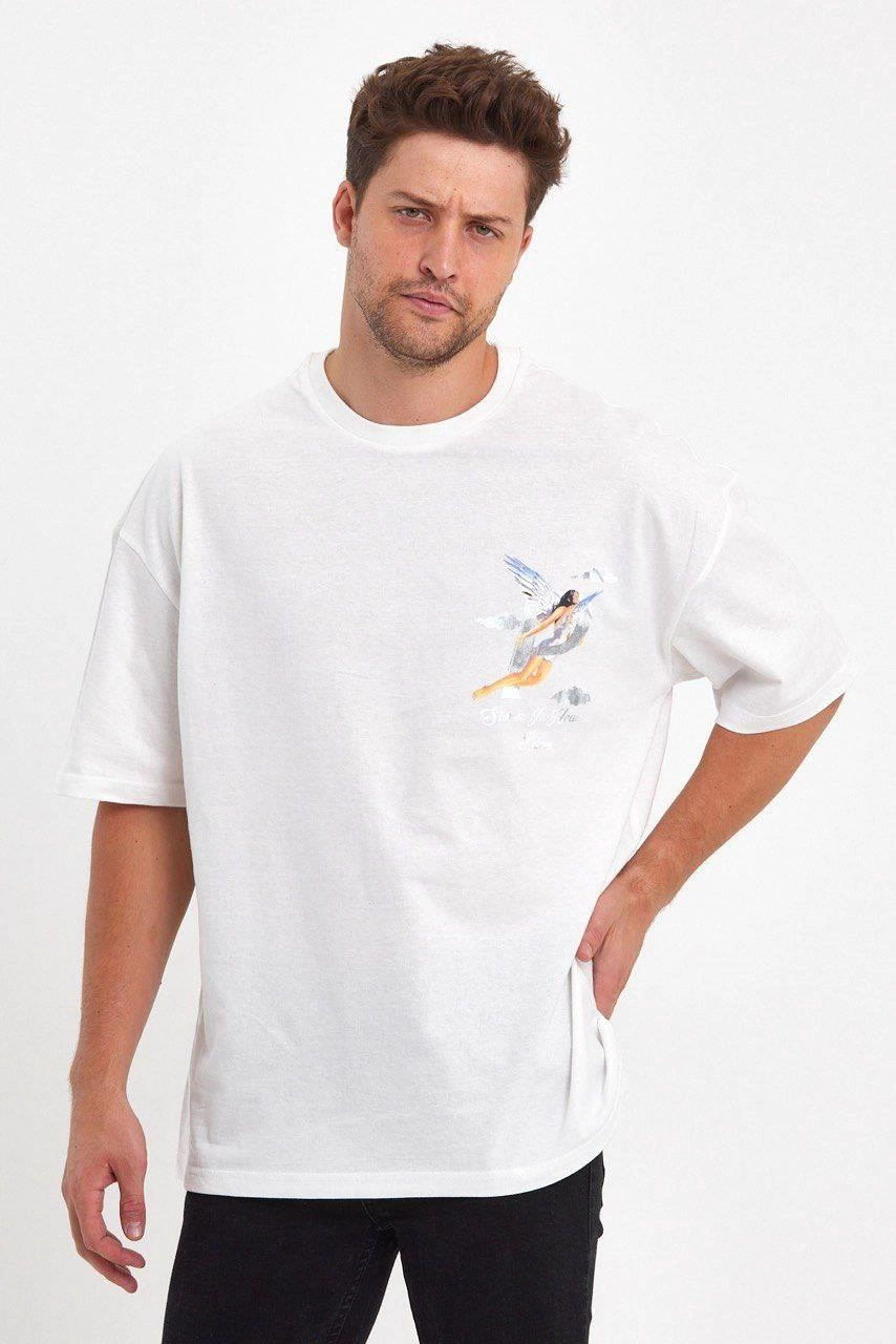 Erkek Melek Baskılı T-Shirt Kısa Kol Bisiklet Yaka Regular Fit Rahat Kalıp Tişört - Beyaz