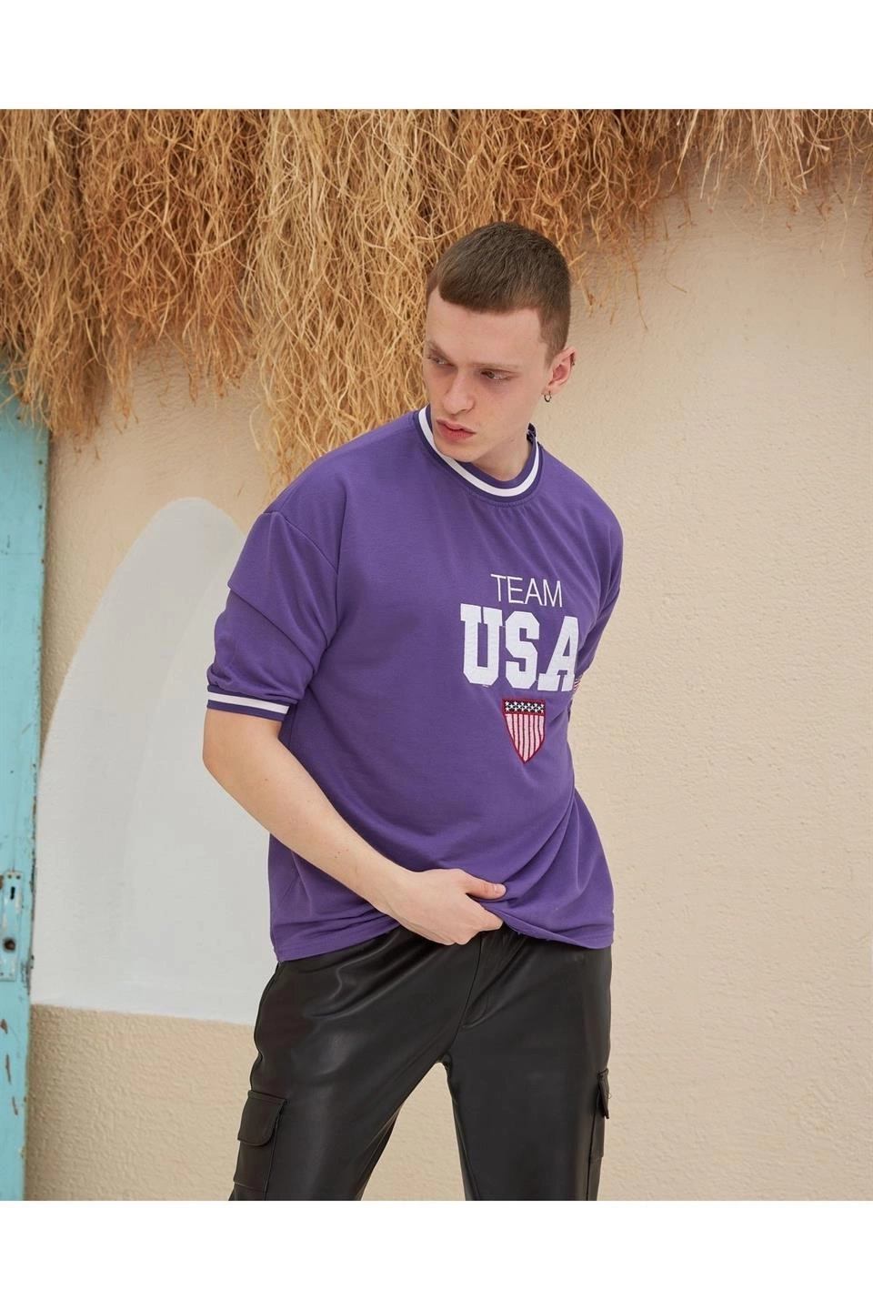 Erkek Nakış İşlemeli T-Shirt Kısa Kol Bisiklet Yaka Ovarsize Tişört - Mor
