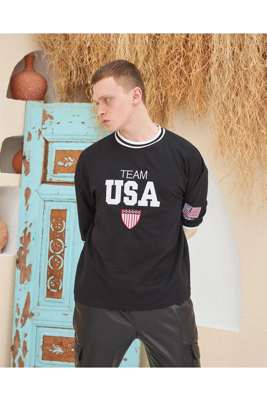 Erkek Nakış İşlemeli Ribanalı  Kısa kol Oversize T-shirt - Siyah