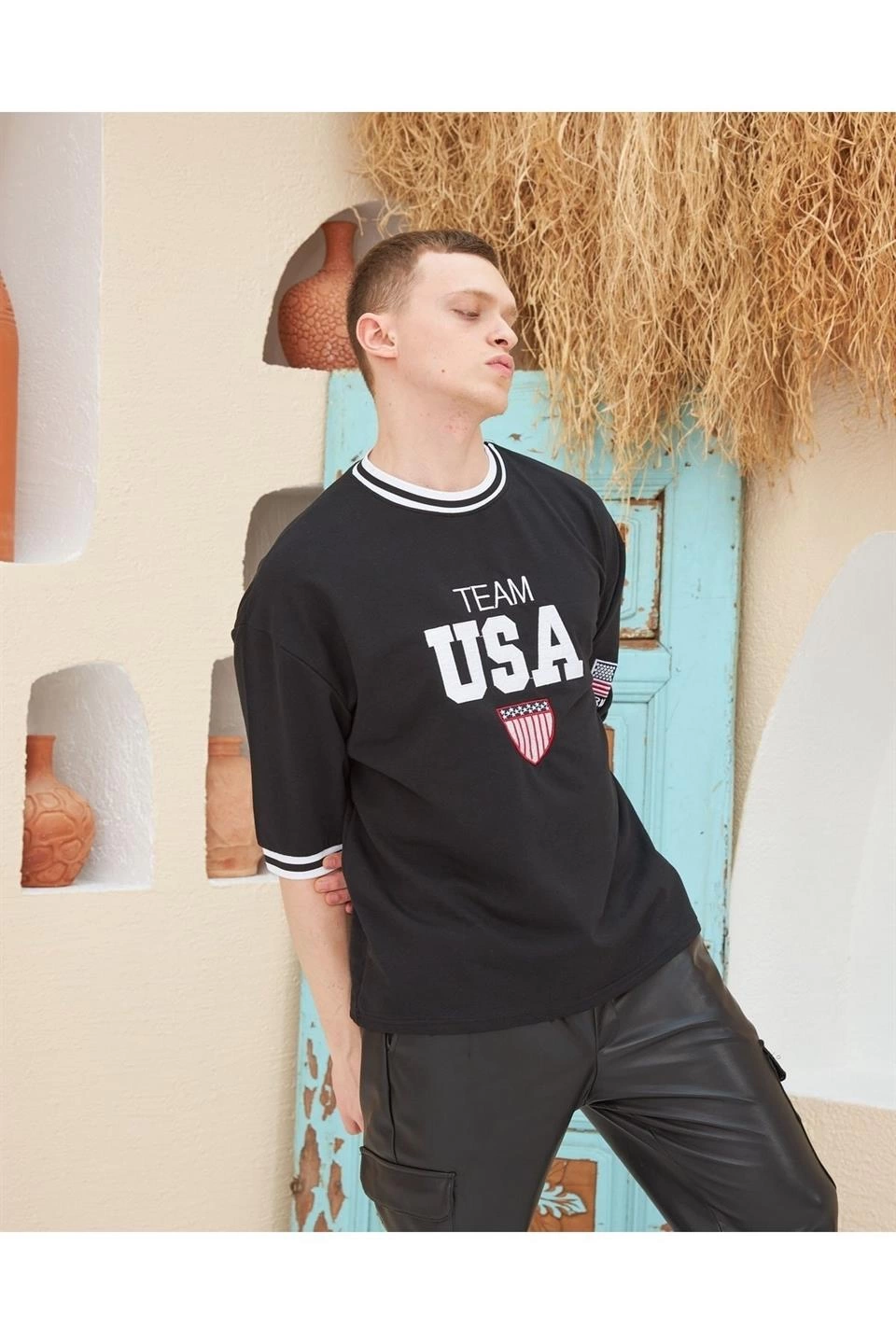 Erkek Nakış İşlemeli Ribanalı  Kısa kol Oversize T-shirt - Siyah
