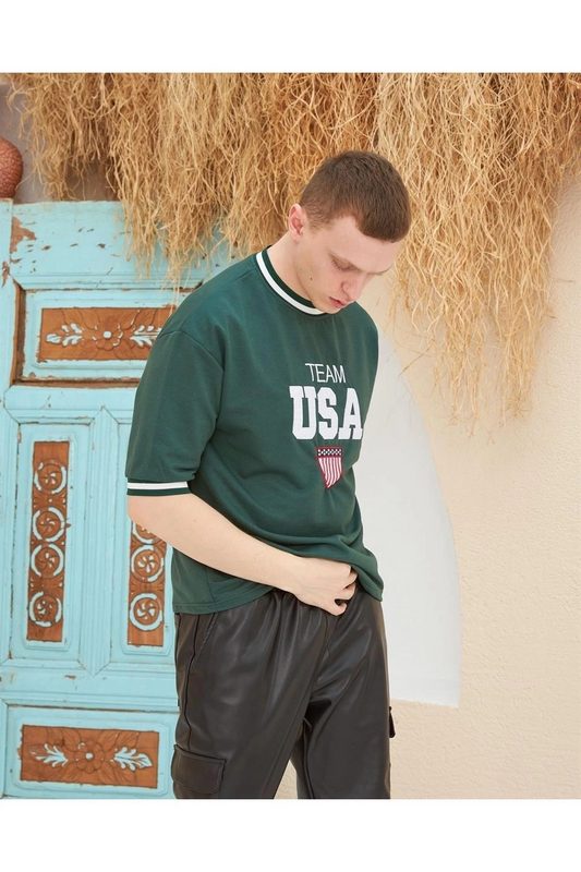 Erkek Nakış İşlemeli T-Shirt Kısa Kol Bisiklet Yaka Ovarsize Tişört - Yeşil