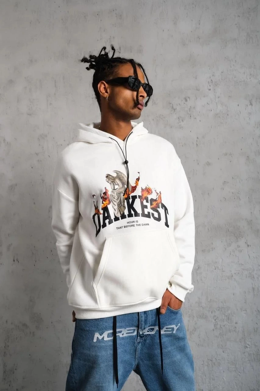Erkek Oversize Kapüşonlu Sweatshirt Beyaz Üç İplik İçi Pamuklu Kanguru Cepli - Beyaz