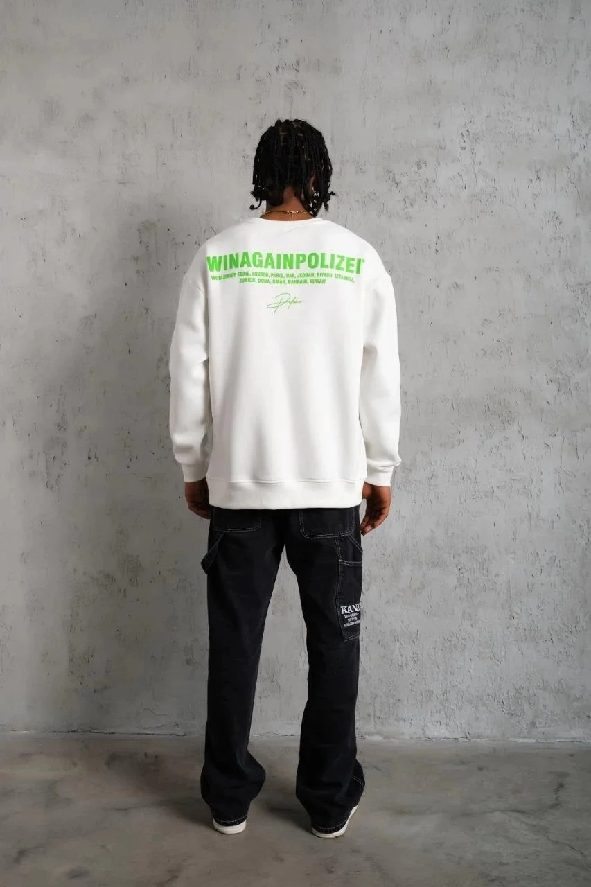 Erkek Oversize Sweatshirt Beyaz | Ön ve Sırt Baskılı Üç İplik İçi Pamuklu Kalıp - Beyaz
