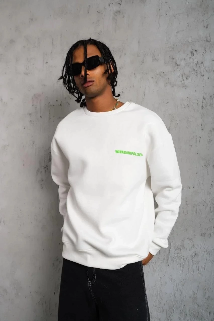 Erkek Oversize Sweatshirt Beyaz | Ön ve Sırt Baskılı Üç İplik İçi Pamuklu Kalıp - Beyaz