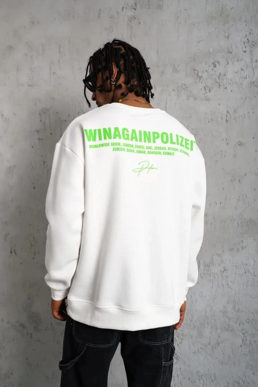 Erkek Oversize Sweatshirt Beyaz | Ön ve Sırt Baskılı Üç İplik İçi Pamuklu Kalıp - Beyaz