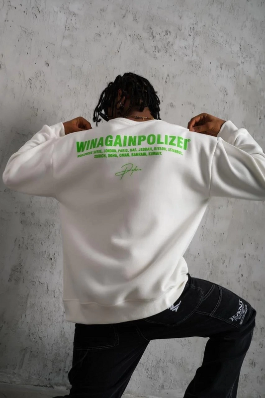 Erkek Oversize Sweatshirt Beyaz | Ön ve Sırt Baskılı Üç İplik İçi Pamuklu Kalıp - Beyaz
