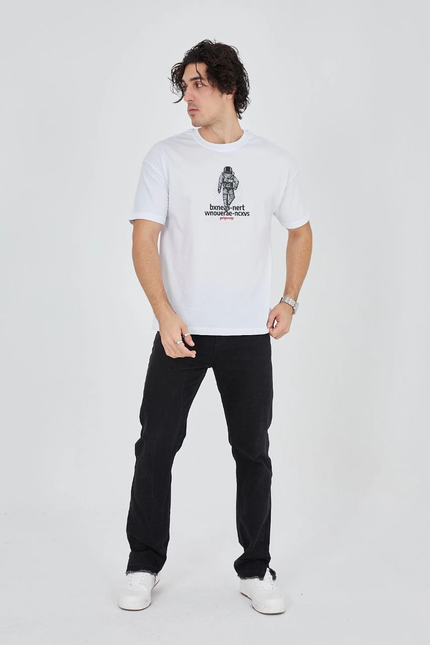 Erkek Baskılı T-Shirt Kısa Kol Bisiklet Yaka Regular Fit Rahat Kalıp Günlük Tişört - Beyaz