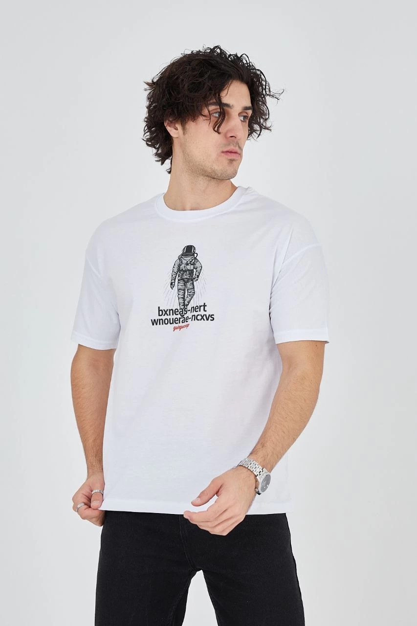 Erkek Baskılı T-Shirt Kısa Kol Bisiklet Yaka Regular Fit Rahat Kalıp Günlük Tişört - Beyaz