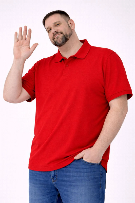 Erkek Polo Yaka Düğmeli Pike Kumaş Battal Beden Kısa Kol Tişört T-Shirt - Kırmızı