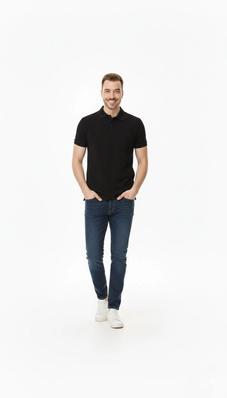 Erkek Pike Kumaş Düğmeli Yaka Regular Fit Günlük Kısa kol Tişört T-shirt - Siyah