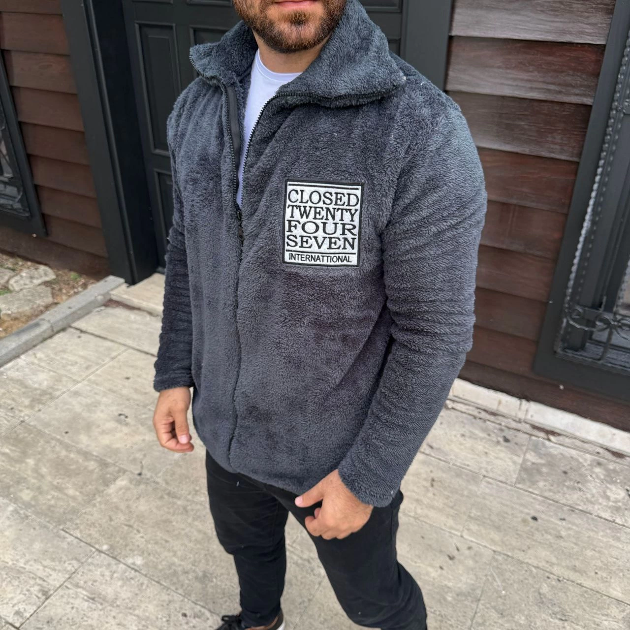Erkek Polar Fermuarlı Sweatshirt Kapüşonsuz Cepli Yumuşak Dokulu Oversize Kalıp - Füme