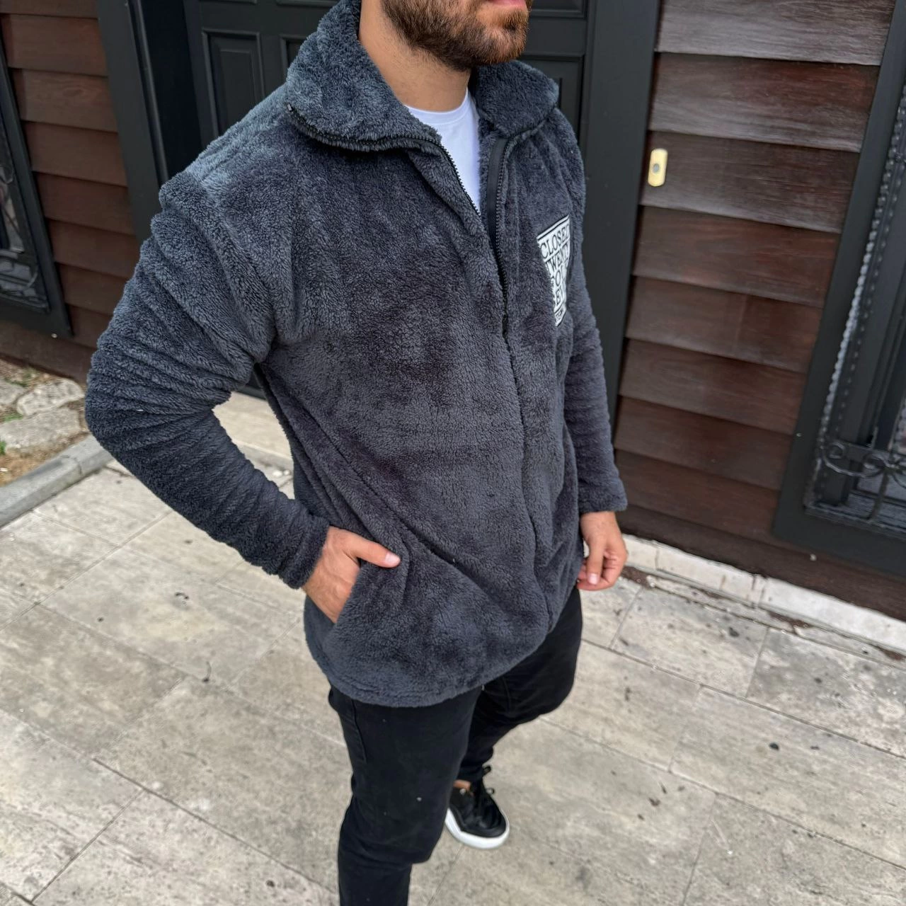 Erkek Polar Fermuarlı Sweatshirt Kapüşonsuz Cepli Yumuşak Dokulu Oversize Kalıp - Füme
