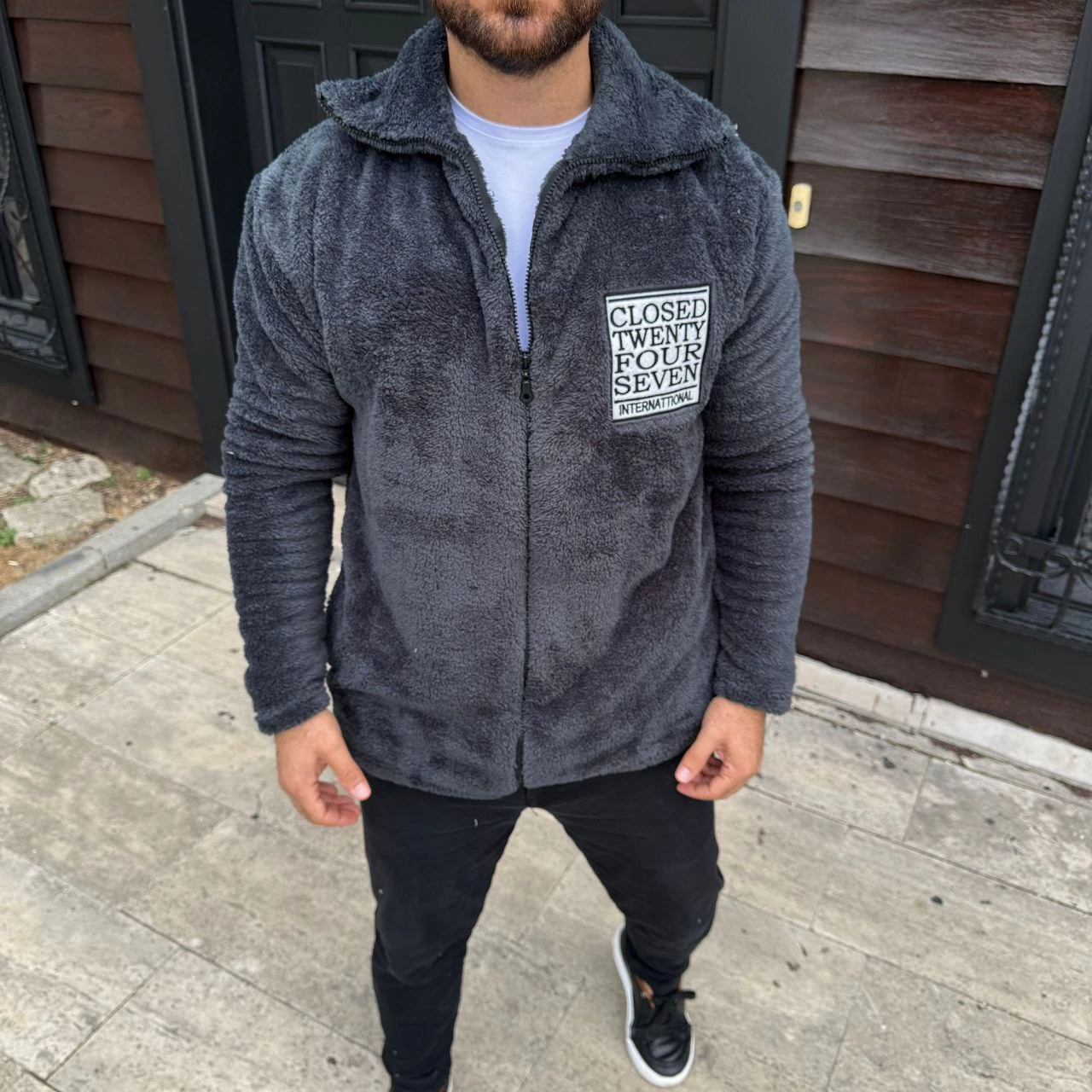 Erkek Polar Fermuarlı Sweatshirt Kapüşonsuz Cepli Yumuşak Dokulu Oversize Kalıp - Füme