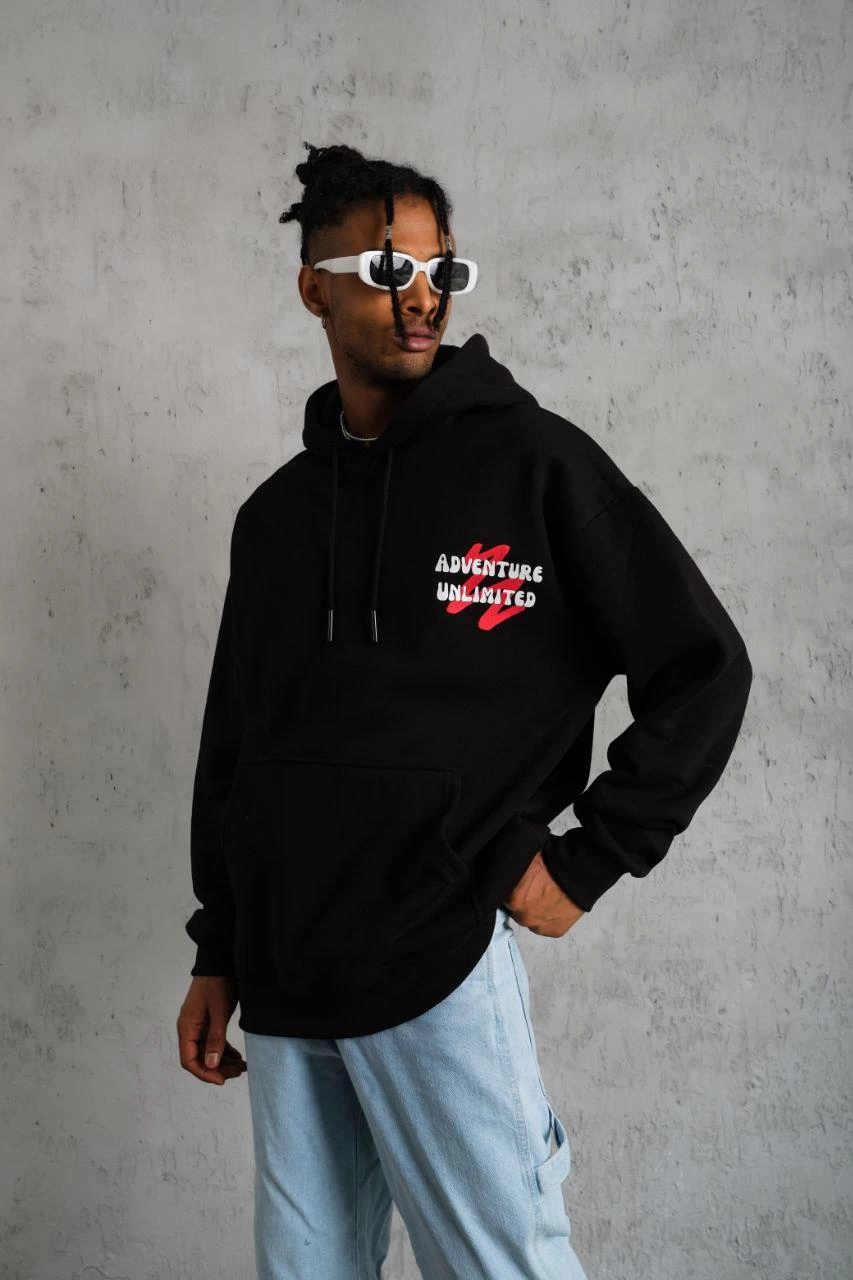 Erkek 3 İplik Pamuklu Kapüşonlu Baskılı Cepli Oversize Sweatshirt Hoodie - Siyah