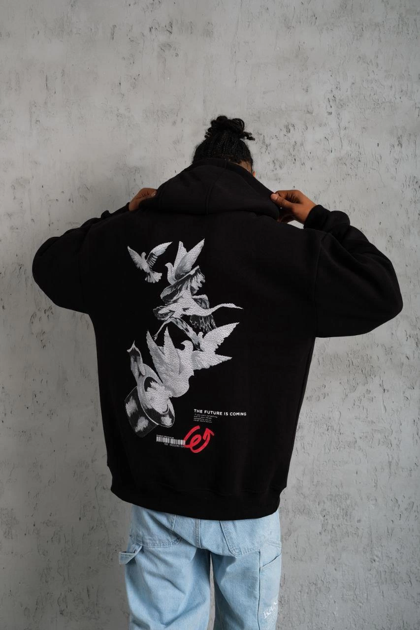 Erkek 3 İplik Pamuklu Kapüşonlu Baskılı Cepli Oversize Sweatshirt Hoodie - Siyah