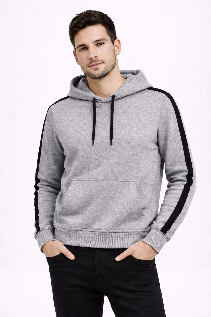 Erkek Şeritli Kapüşonlu Sweatshirt Oversize 3 iplik Pamuklu - Gri