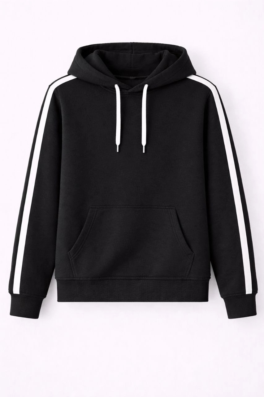 Erkek Şeritli Kapüşonlu Sweatshirt Oversize 3 iplik Pamuklu - Siyah
