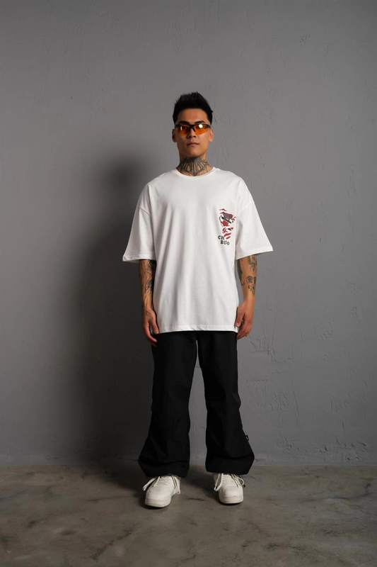 Erkek Sırt Baskılı Oversize  Kısa kol T-shirt - Beyaz