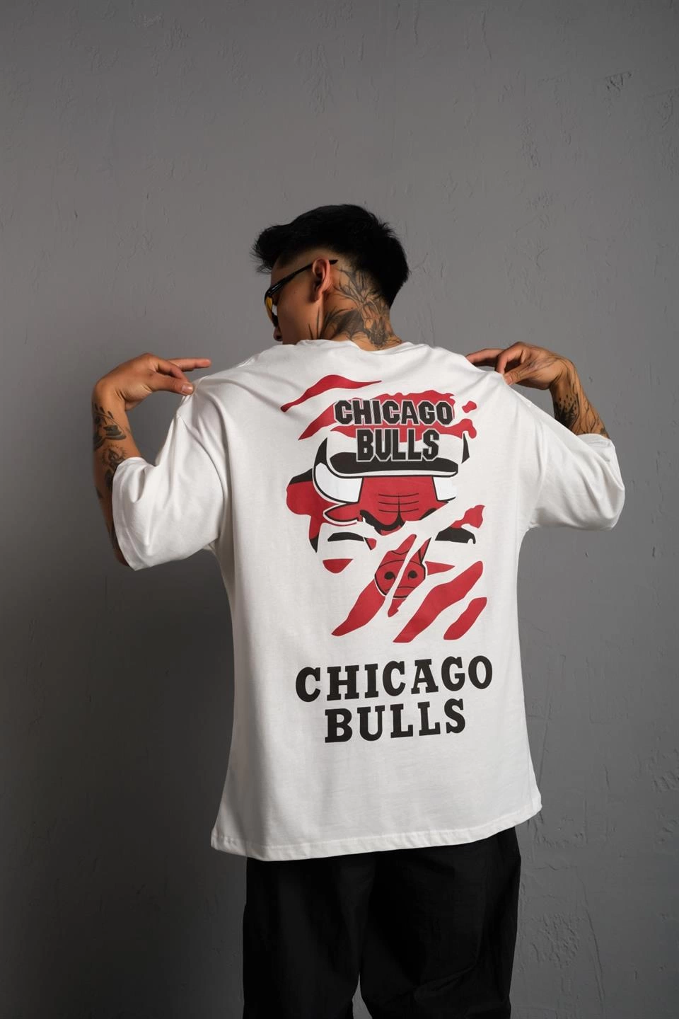 Erkek Sırt Baskılı Oversize  Kısa kol T-shirt - Beyaz