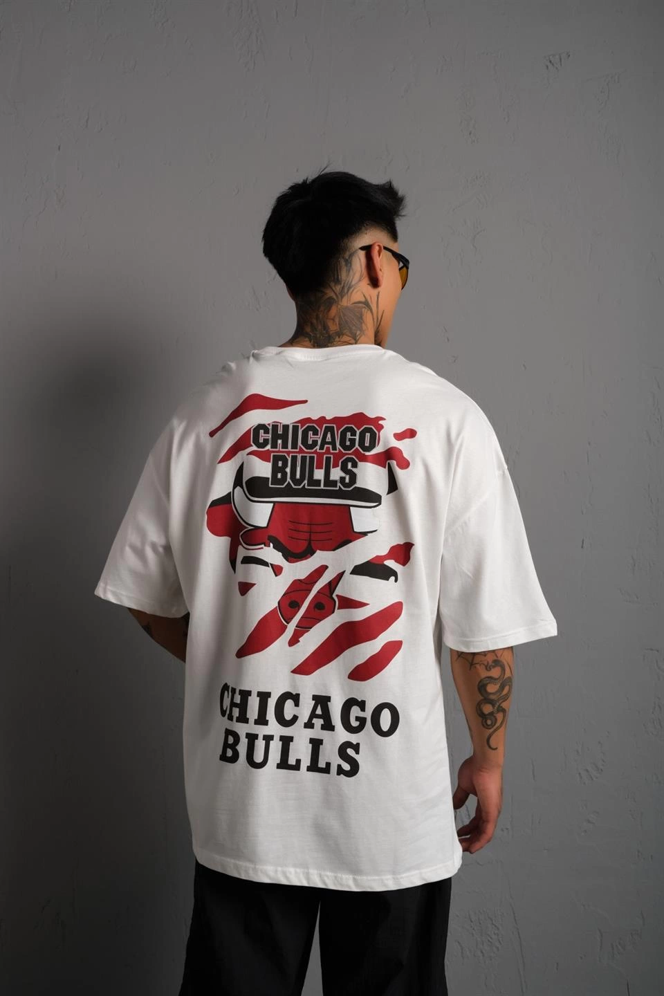 Erkek Sırt Baskılı Oversize  Kısa kol T-shirt - Beyaz