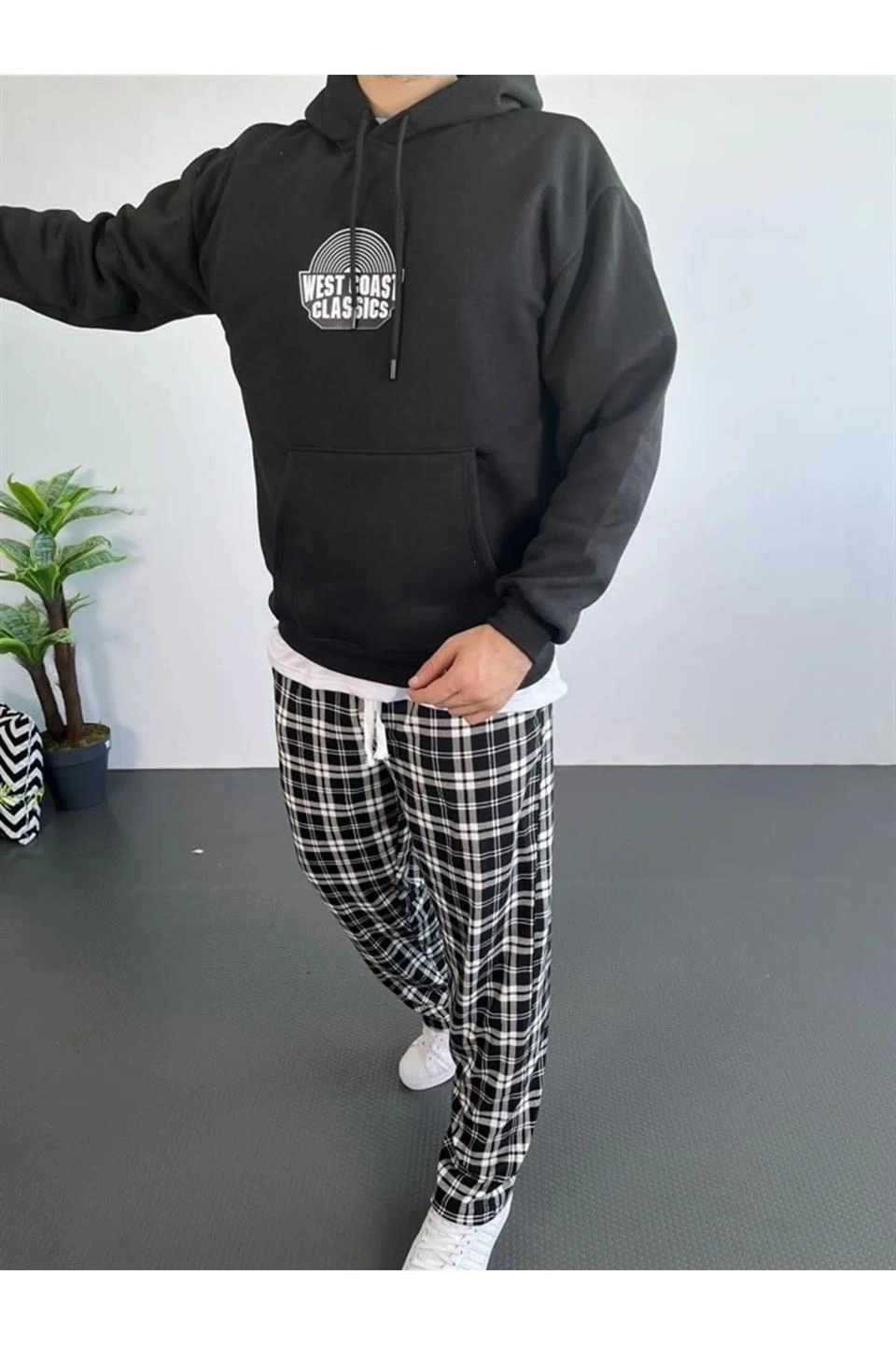 Erkek Oversize Üç İplik Kapüşonlu Sweatshirt  - Siyah
