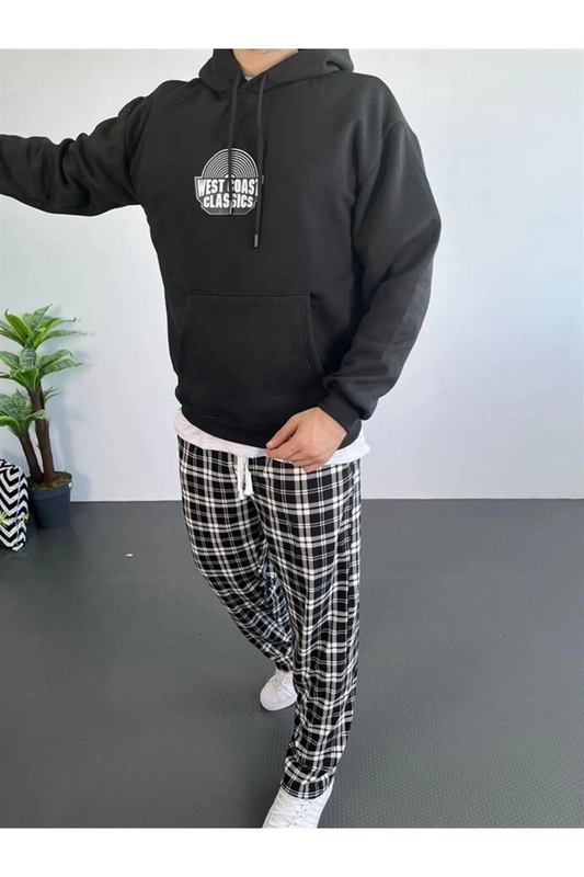Erkek Oversize Üç İplik Kapüşonlu Sweatshirt  - Siyah
