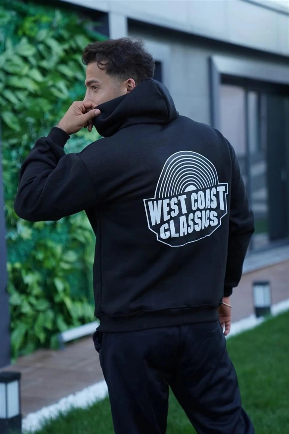 Erkek Oversize Üç İplik Kapüşonlu Sweatshirt  - Siyah