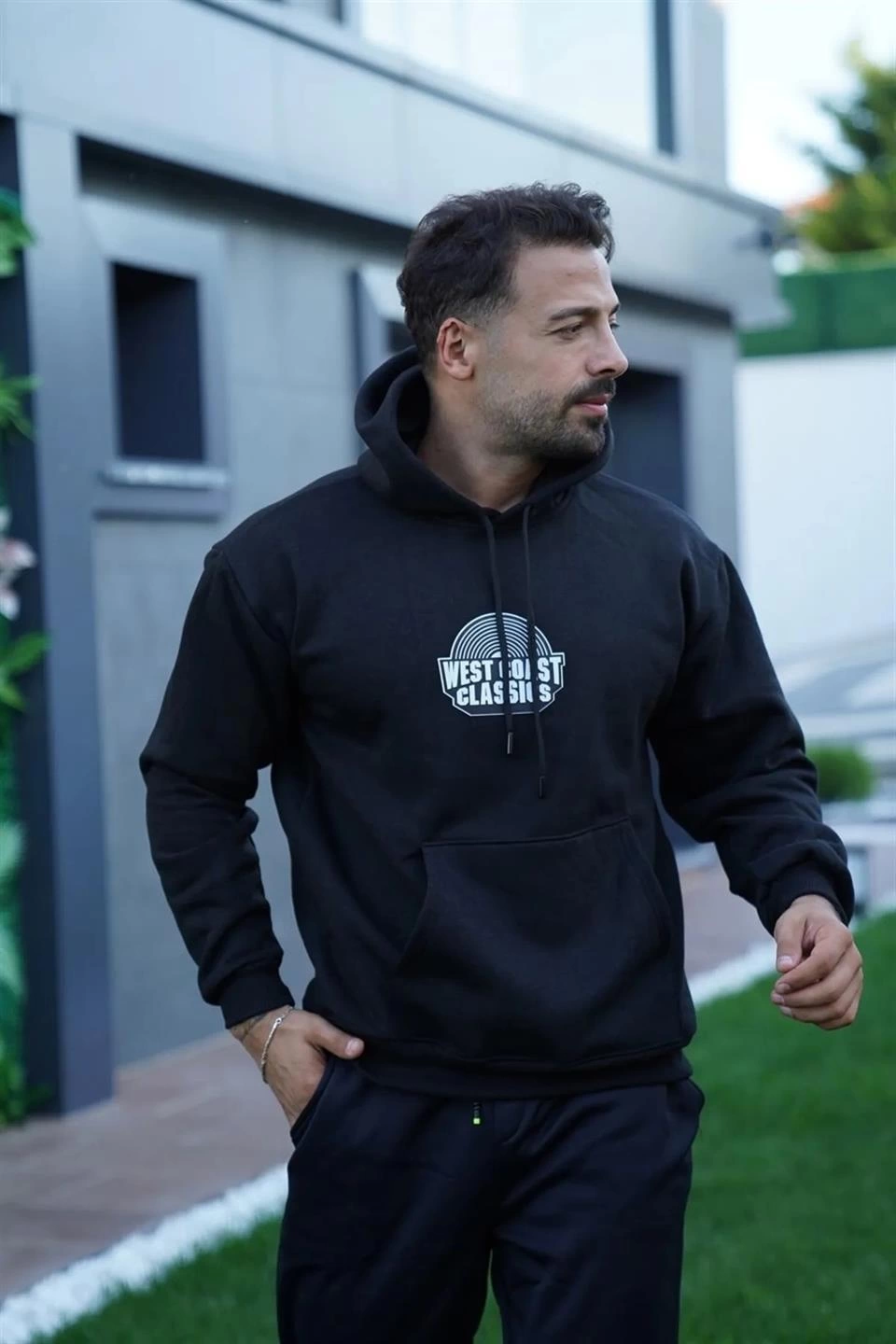 Erkek Oversize Üç İplik Kapüşonlu Sweatshirt  - Siyah