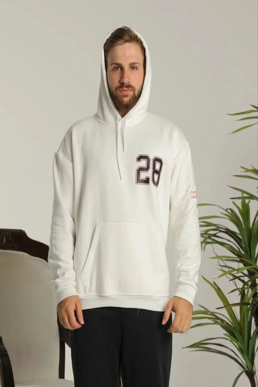Erkek Oversize Üç İplik Kapüşonlu Sweatshirt -Sırt ve Ön Baskılı Kanguru - Siyah Beyaz