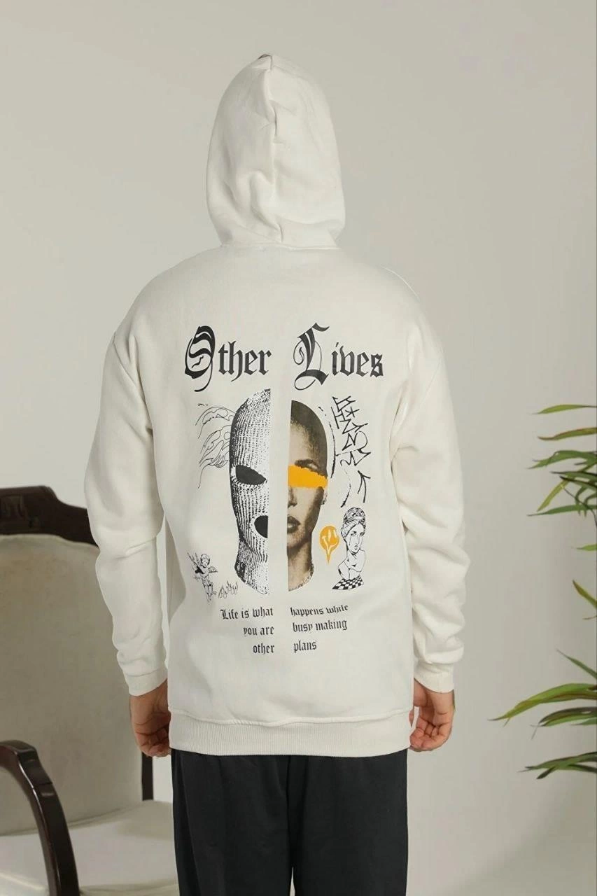 Erkek Kapşonlu Sweatshirt Oversize Üç İplik Şardonlu Other Lives Ön Arka Baskılı - Beyaz