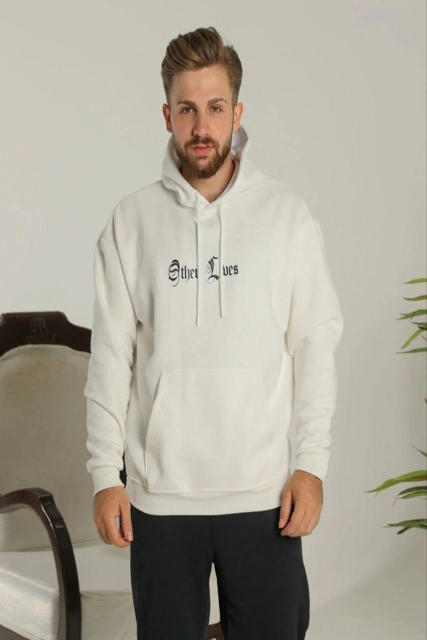 Erkek Kapşonlu Sweatshirt Oversize Üç İplik Şardonlu Other Lives Ön Arka Baskılı - Beyaz