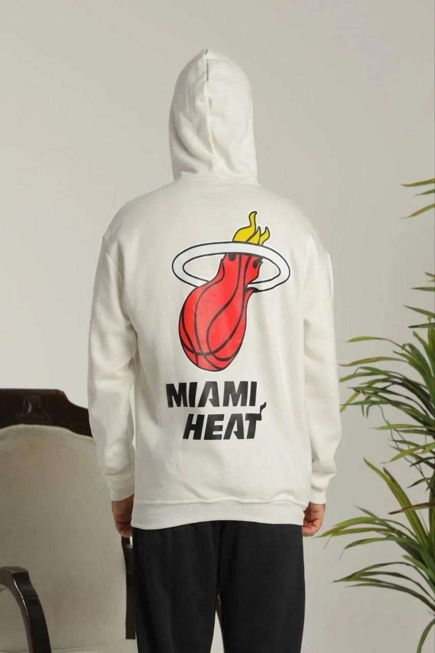 Erkek Oversize Üç İplik Kapüşonlu Sweatshirt -Sırt ve Ön Baskılı Kanguru - Siyah Beyaz