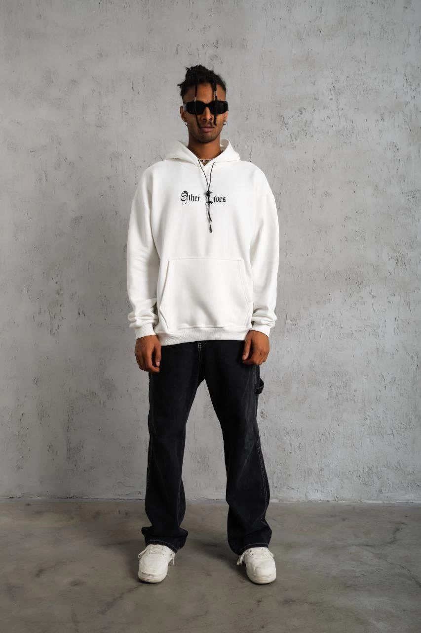 Erkek Oversize Üç İplik Şardonlu Kapüşonlu Baskılı Sweatshirt