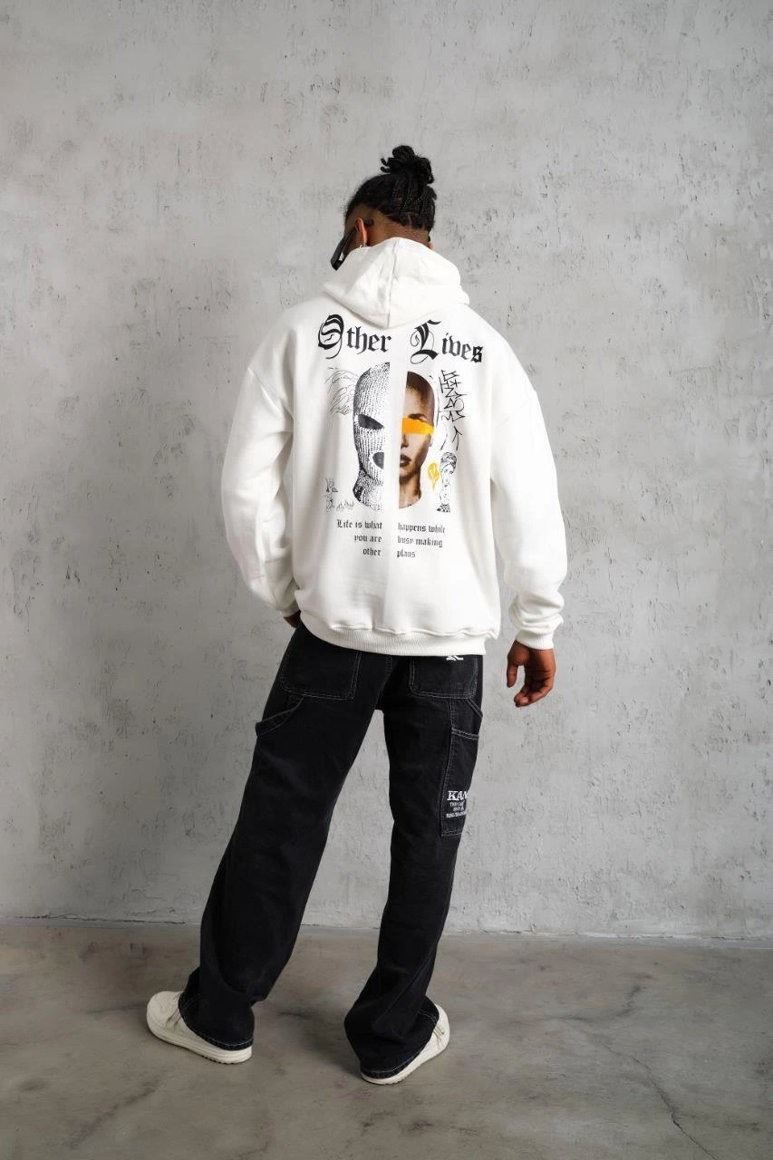 Erkek Oversize Üç İplik Şardonlu Kapüşonlu Baskılı Sweatshirt