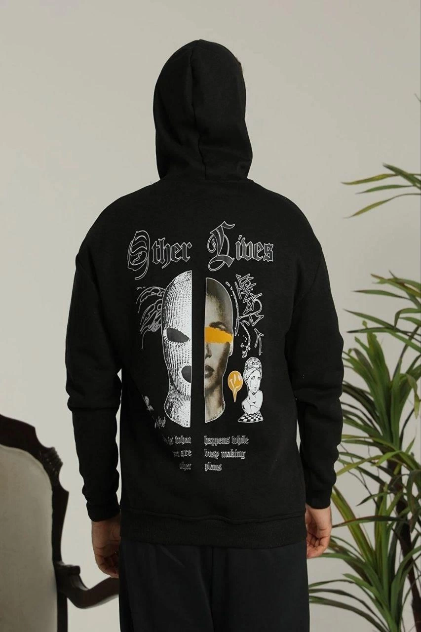 Erkek Kapşonlu Sweatshirt Oversize Üç İplik Pamuklu- Siyah