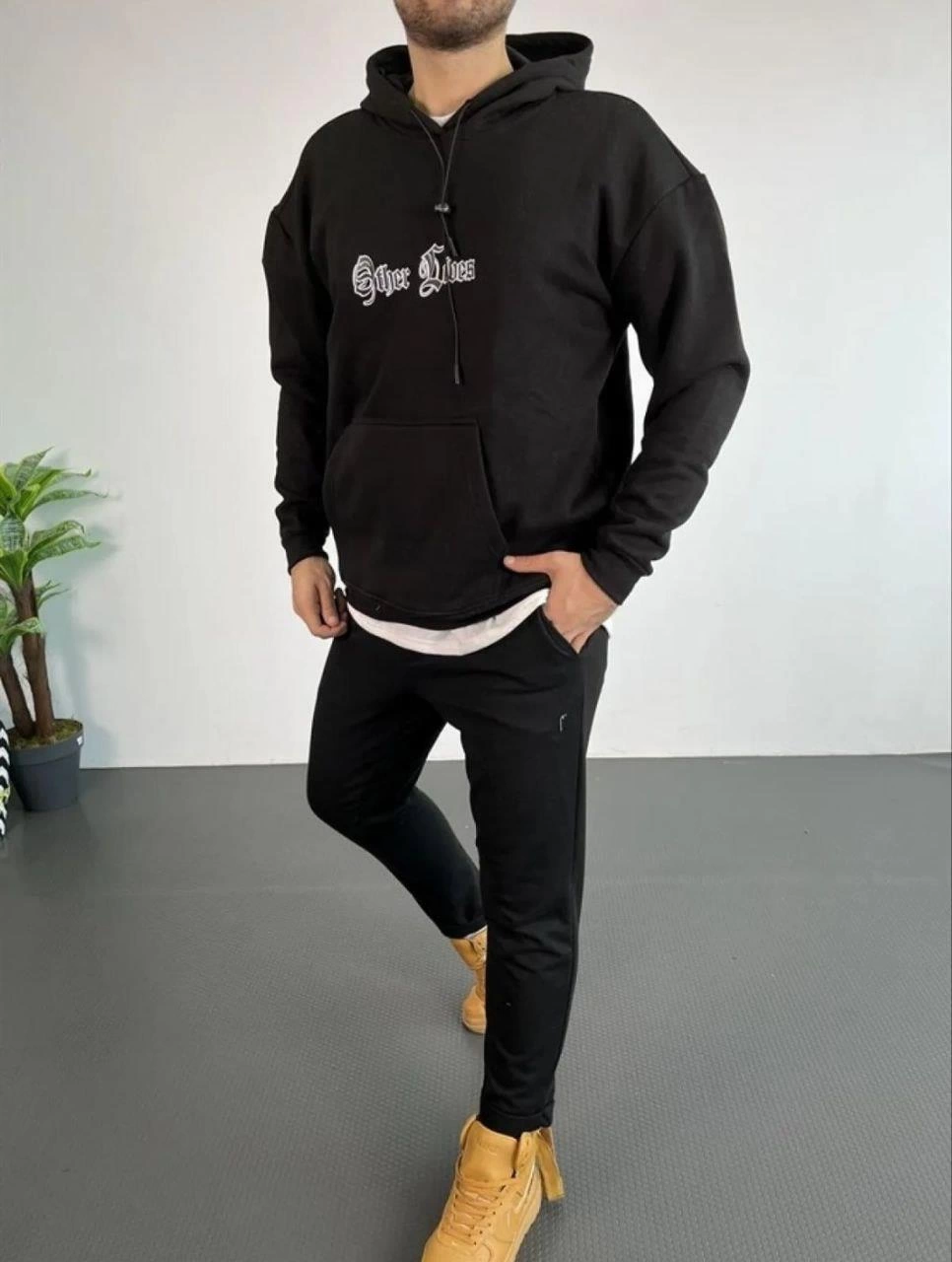 Erkek Kapşonlu Sweatshirt Oversize Üç İplik Pamuklu- Siyah