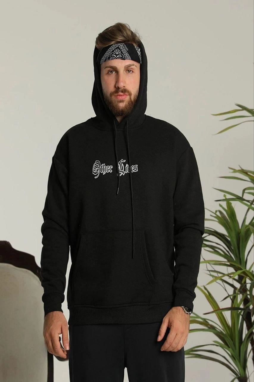 Erkek Kapşonlu Sweatshirt Oversize Üç İplik Pamuklu- Siyah