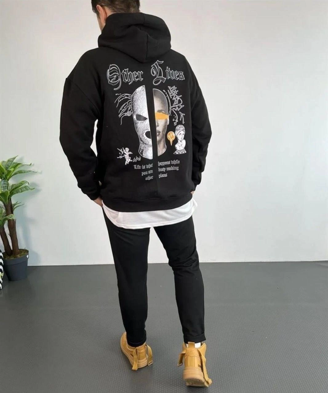 Erkek Kapşonlu Sweatshirt Oversize Üç İplik Pamuklu- Siyah