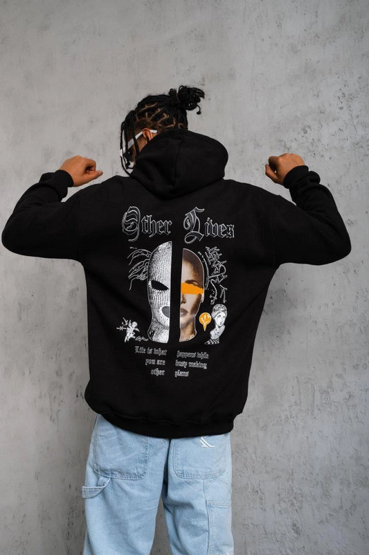 Erkek Kapşonlu Sweatshirt Oversize Üç İplik Pamuklu- Siyah