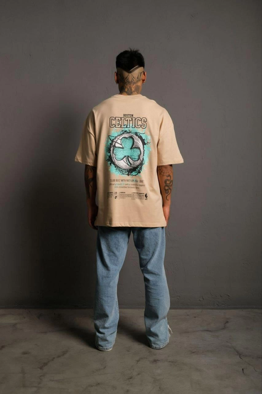 Erkek Sırt Baskılı Kısa kol T-shirt - Bej