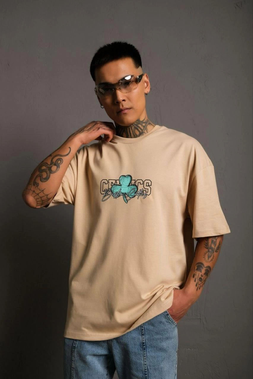 Erkek Sırt Baskılı Kısa kol T-shirt - Bej