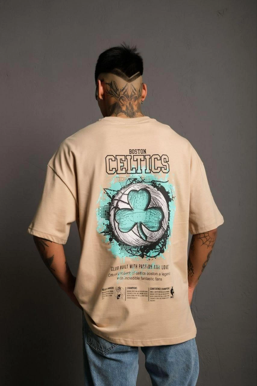 Erkek Sırt Baskılı Kısa kol T-shirt - Bej