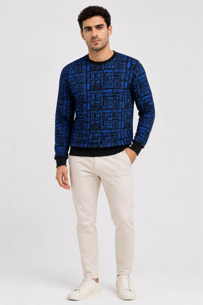 Erkek Siyah Mavi Yazı Desenli İki İplik Şardonlu Sweatshirt