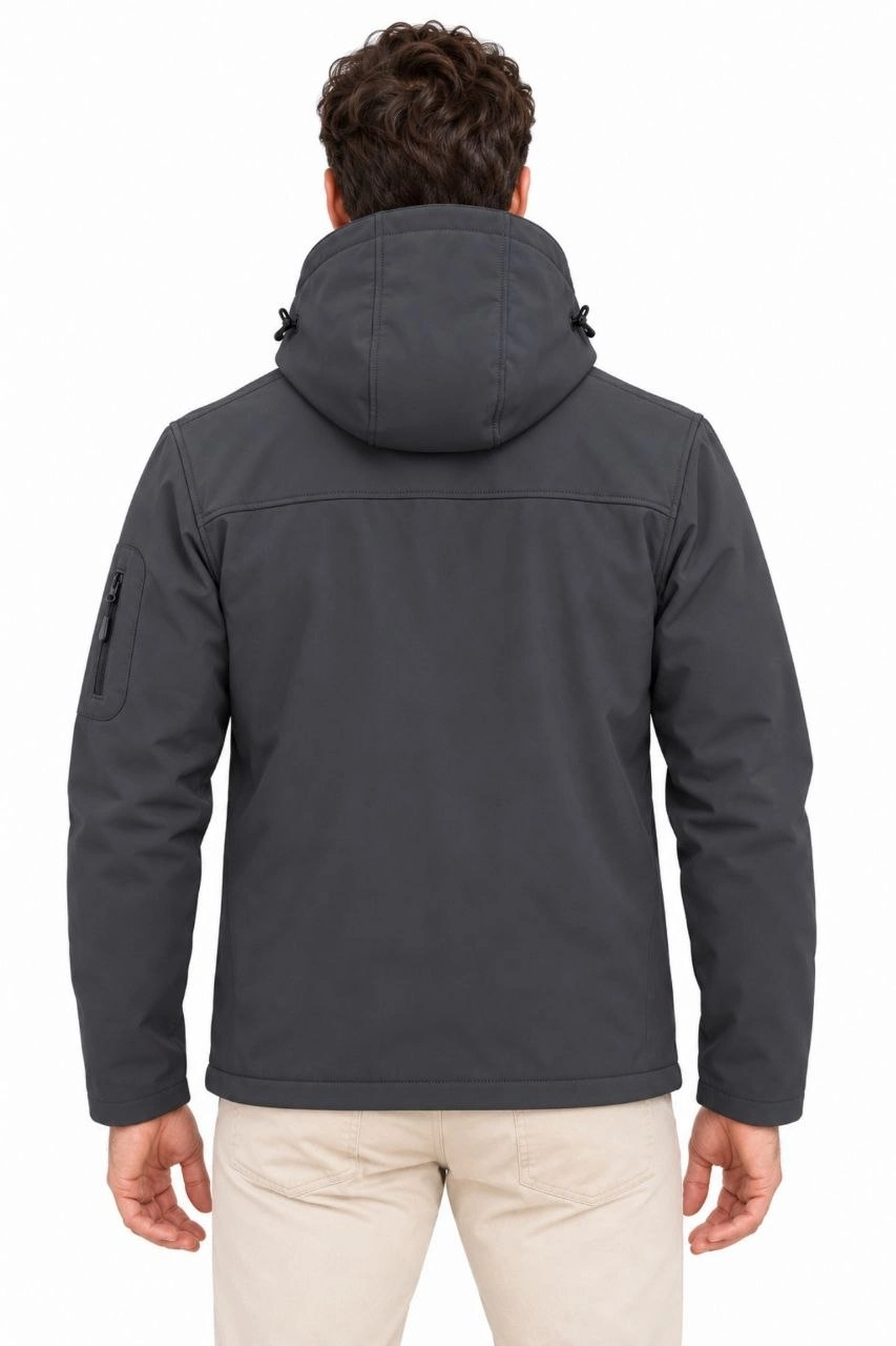 Erkek Su Geçirmez Softshell İçi Polar Astarlı Çıkarılabilir Kapüşonlu 4 Cepli Mont Ceket - Füme