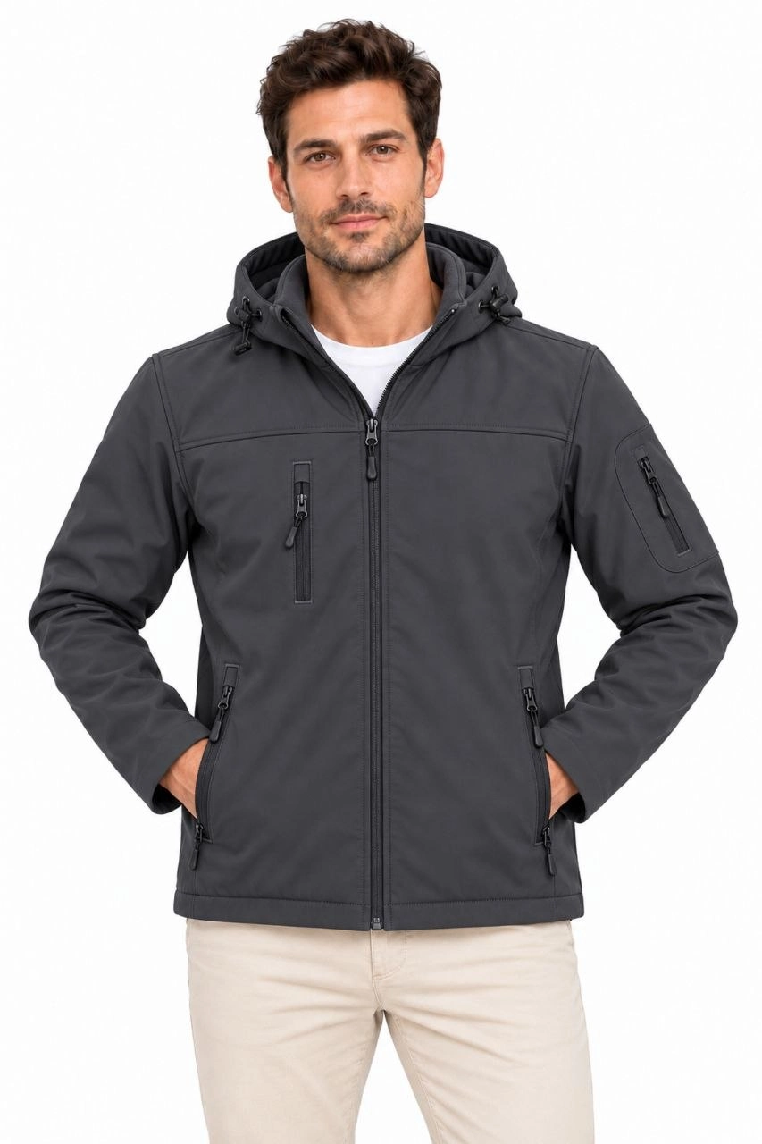 Erkek Su Geçirmez Softshell İçi Polar Astarlı Çıkarılabilir Kapüşonlu 4 Cepli Mont Ceket - Füme