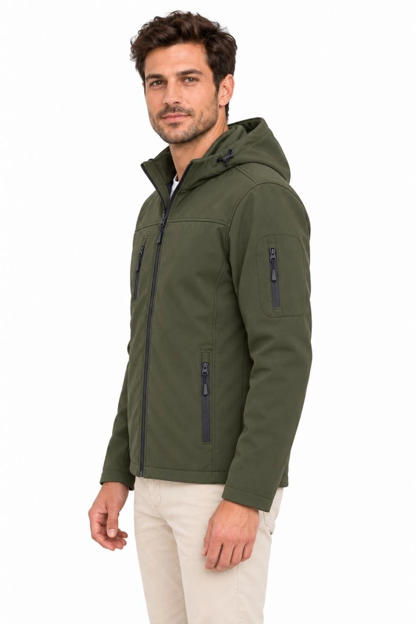 Erkek Su Geçirmez Softshell İçi Polar Astarlı Çıkarılabilir Kapüşonlu 4 Cepli Mont Ceket - Haki