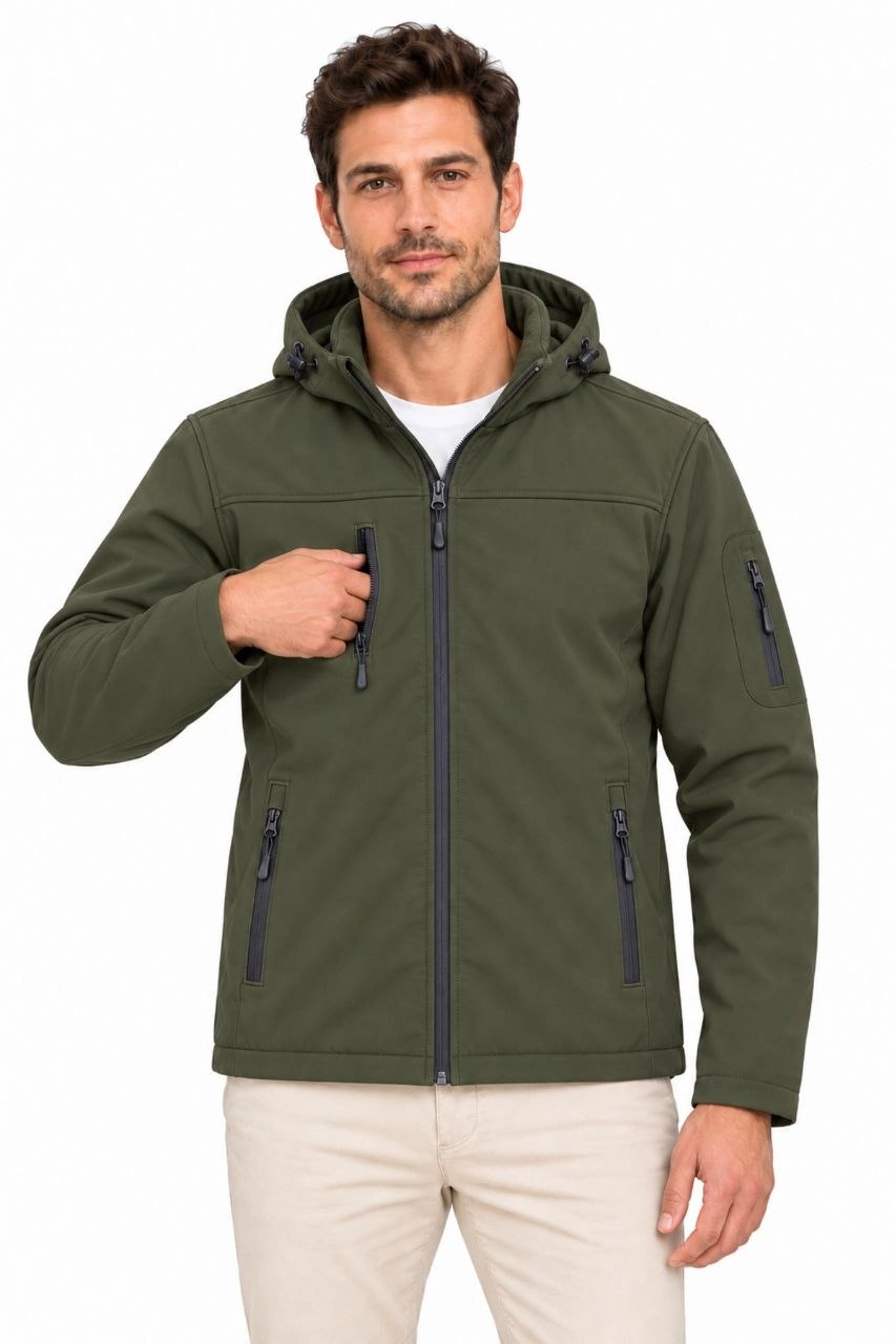 Erkek Su Geçirmez Softshell İçi Polar Astarlı Çıkarılabilir Kapüşonlu 4 Cepli Mont Ceket - Haki